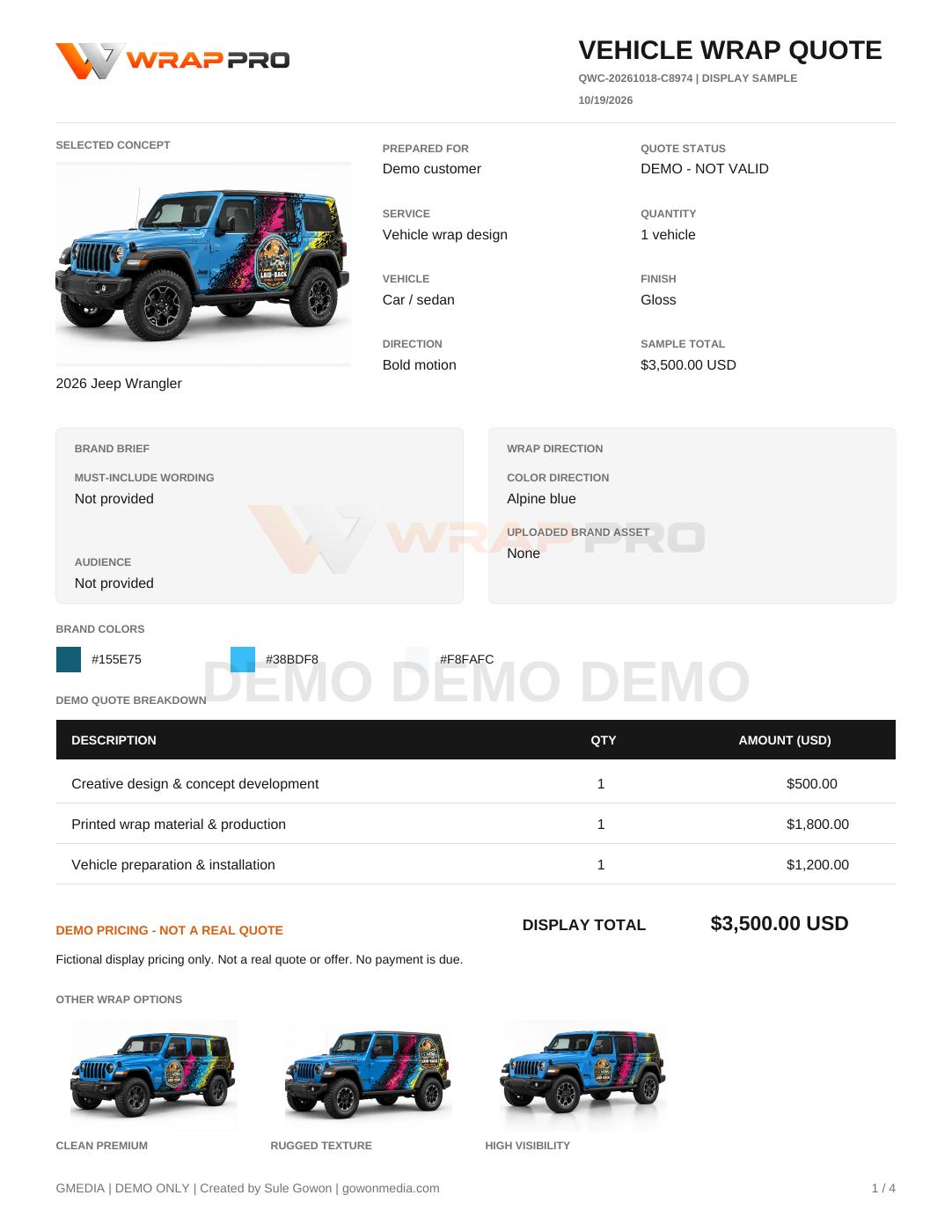 Uploaded Jeep vehicle wrap quote example, demo pricing only