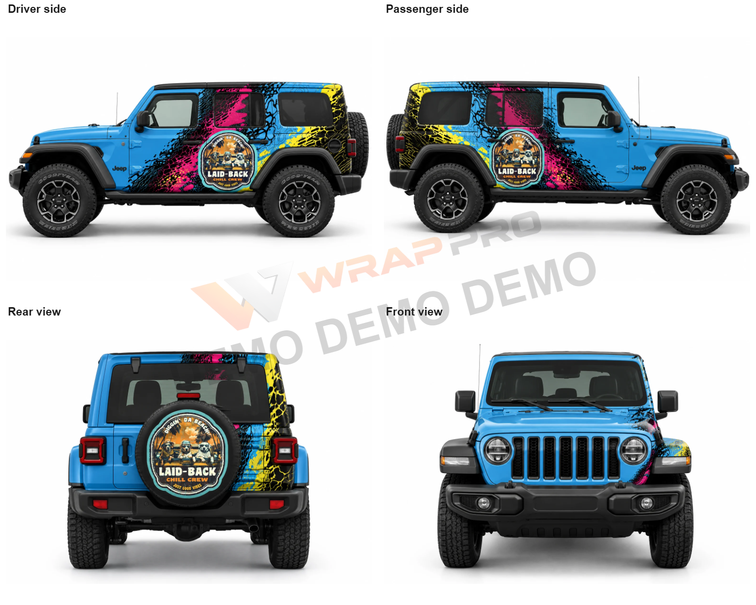 Original Jeep presentation showing driver side, passenger side, rear and front
