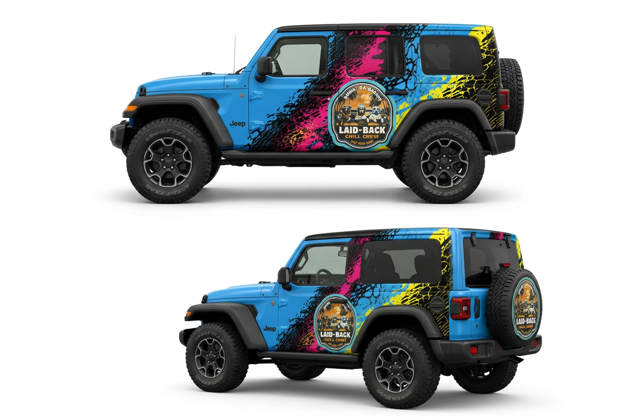 Matching side and rear three-quarter views of the blue Jeep wrap
